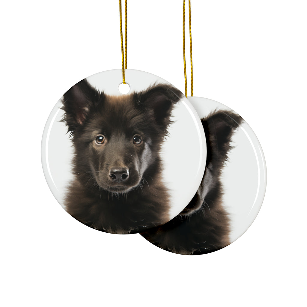 Hanging Ceramic Christmas Tree Ornament with Gold String - Belgian Sheepdog Puppy Design, view 2