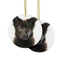 DistinctInk Hanging Ceramic Christmas Tree Ornament with Gold String - Great Gift/Present - 2 3/4 inch Diameter - Belgian Sheepdog Puppy Design