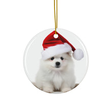 DistinctInk Hanging Ceramic Christmas Tree Ornament with Gold String - Great Gift/Present - 2 3/4 inch Diameter - Pumik Puppy Design