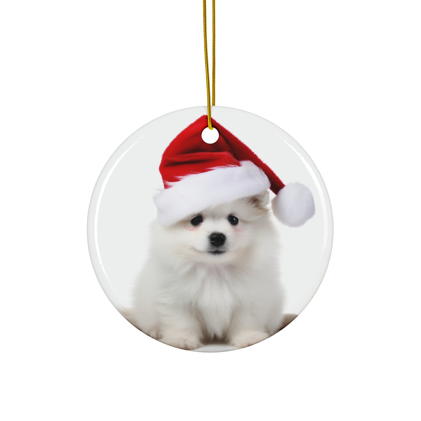 DistinctInk Hanging Ceramic Christmas Tree Ornament with Gold String - Great Gift/Present - 2 3/4 inch Diameter - Pumik Puppy Design