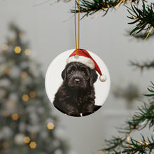 DistinctInk Hanging Ceramic Christmas Tree Ornament with Gold String - Great Gift/Present - 2 3/4 inch Diameter - Bouvier de Flandre Puppy Design