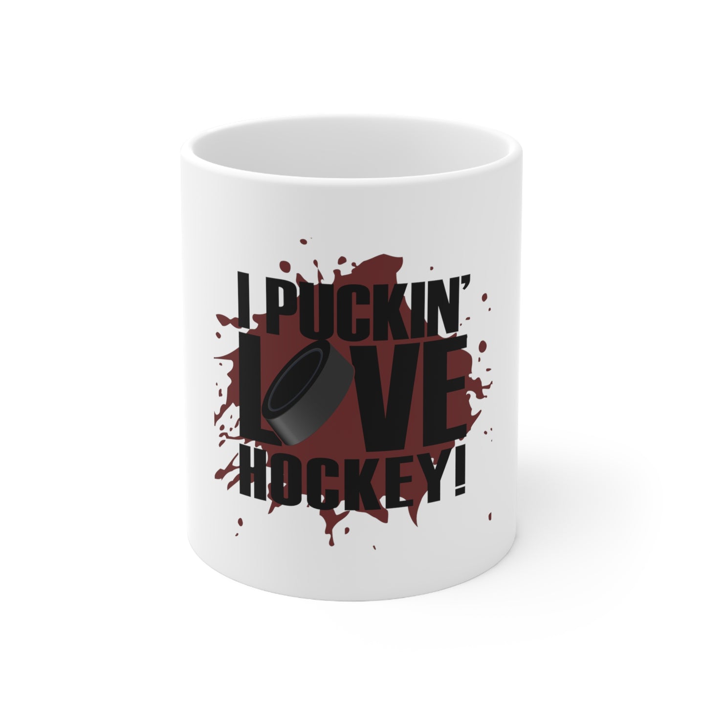 DistinctInk Glossy White Coffee / Tea Mug - I Puckin' Love Hockey