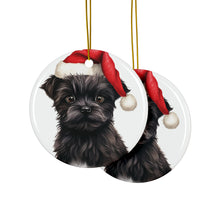 DistinctInk Hanging Ceramic Christmas Tree Ornament with Gold String - Great Gift/Present - 2 3/4 inch Diameter - Affenpinscher Puppy Drawing Design
