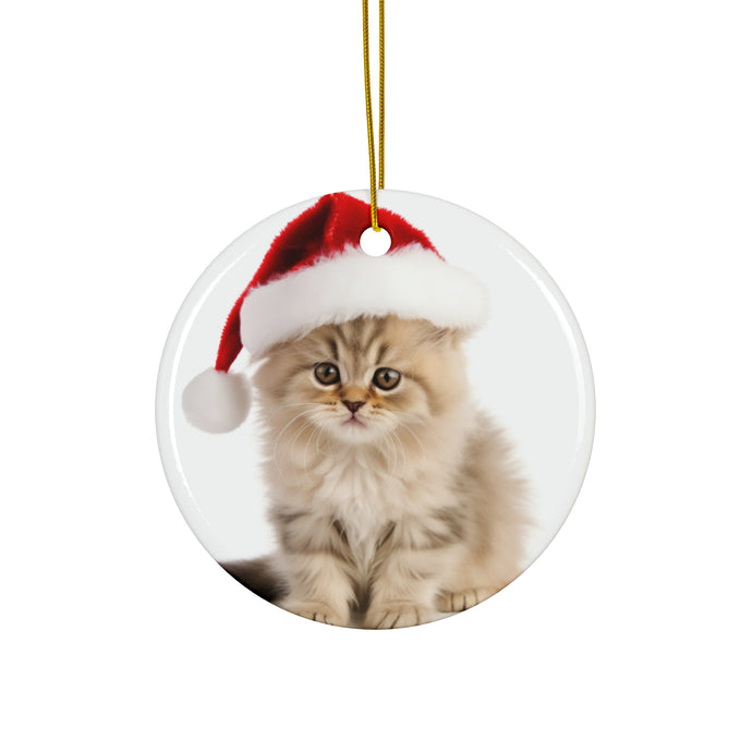 DistinctInk Hanging Ceramic Christmas Tree Ornament with Gold String - Great Gift/Present - 2 3/4 inch Diameter - Persian Kitten Design