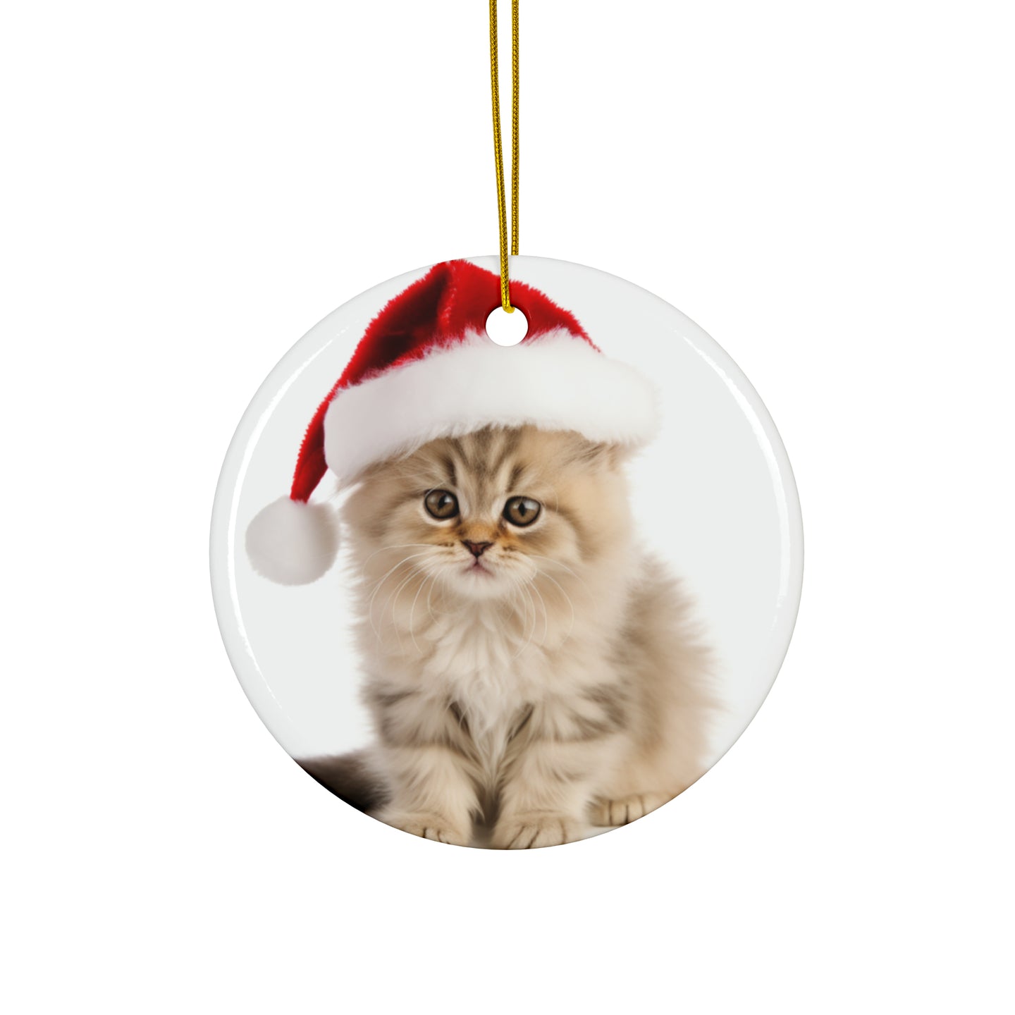 DistinctInk Hanging Ceramic Christmas Tree Ornament with Gold String - Great Gift/Present - 2 3/4 inch Diameter - Persian Kitten Design