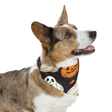 DistinctInk Adjustable Pet Banana Collar with Ghastly Skeleton Pumpkin Party Design for Halloween