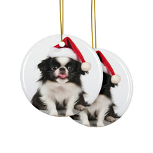 DistinctInk Hanging Ceramic Christmas Tree Ornament with Gold String - Great Gift/Present - 2 3/4 inch Diameter - Japanese Chin Puppy Design