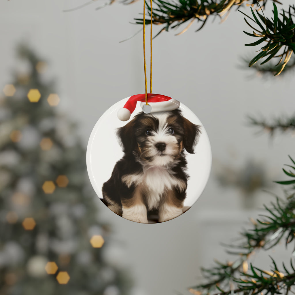 Hanging Ceramic Christmas Tree Ornament with Gold String - Löwchen Puppy Design, view 3