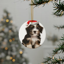DistinctInk Hanging Ceramic Christmas Tree Ornament with Gold String - Great Gift/Present - 2 3/4 inch Diameter - Löwchen Puppy Design