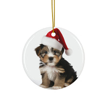 DistinctInk Hanging Ceramic Christmas Tree Ornament with Gold String - Great Gift/Present - 2 3/4 inch Diameter - Biewer Terrier Puppy Design