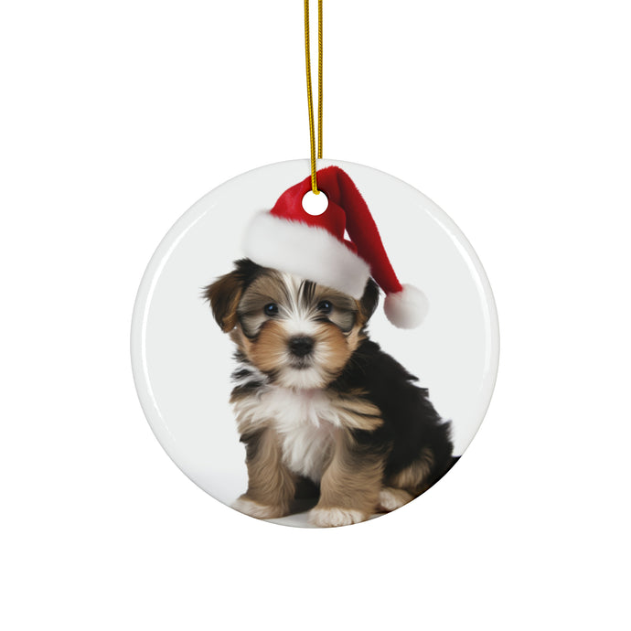 DistinctInk Hanging Ceramic Christmas Tree Ornament with Gold String - Great Gift/Present - 2 3/4 inch Diameter - Biewer Terrier Puppy Design