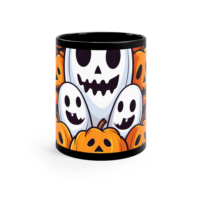 DistinctInk Black Coffee Mug - Skele-Pumpkin Ghost Pattern for Halloween