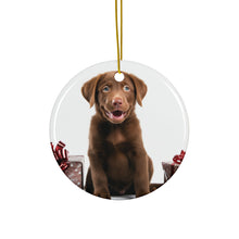 DistinctInk Hanging Ceramic Christmas Tree Ornament with Gold String - Great Gift/Present - 2 3/4 inch Diameter - Chesapeake Bay Retriever Puppy Design