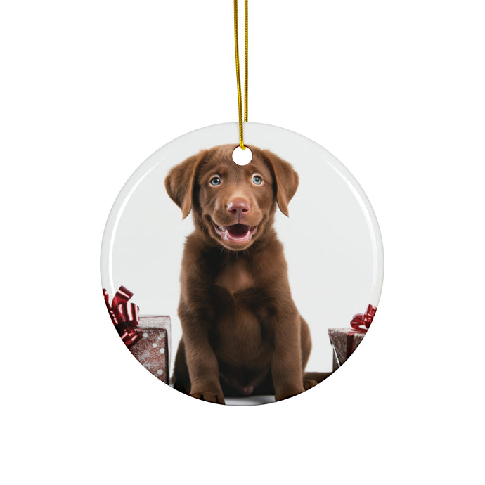 DistinctInk Hanging Ceramic Christmas Tree Ornament with Gold String - Great Gift/Present - 2 3/4 inch Diameter - Chesapeake Bay Retriever Puppy Design