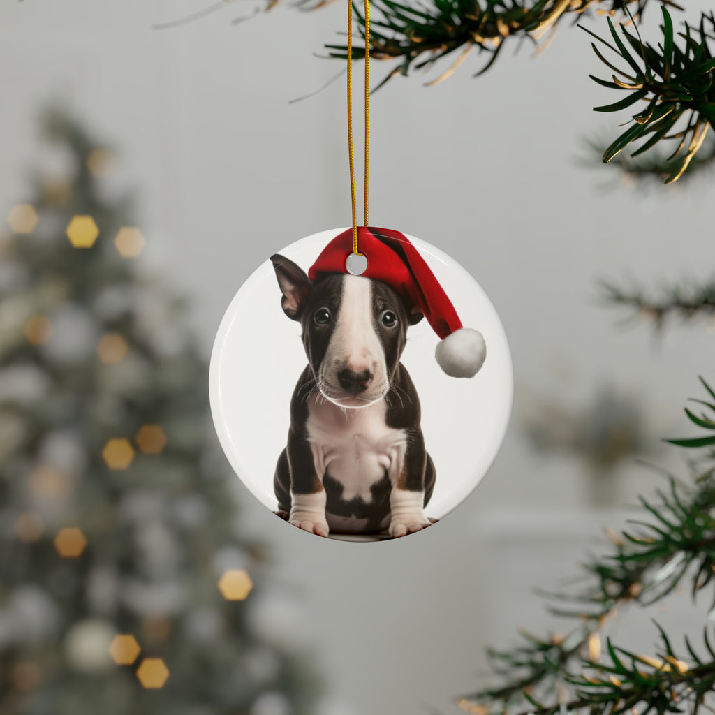 Hanging Ceramic Christmas Tree Ornament with Gold String - Miniature Bull Terrier Puppy Design, view 3