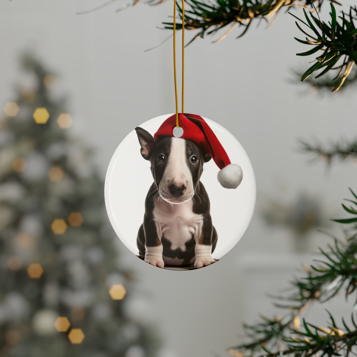 Hanging Ceramic Christmas Tree Ornament with Gold String - Miniature Bull Terrier Puppy Design, view 3
