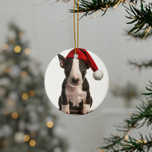 DistinctInk Hanging Ceramic Christmas Tree Ornament with Gold String - Great Gift/Present - 2 3/4 inch Diameter - Miniature Bull Terrier Puppy Design