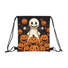 DistinctInk Drawstring Bag / Backpack with Spooky Skeleton Pumpkin Patch Design for Halloween