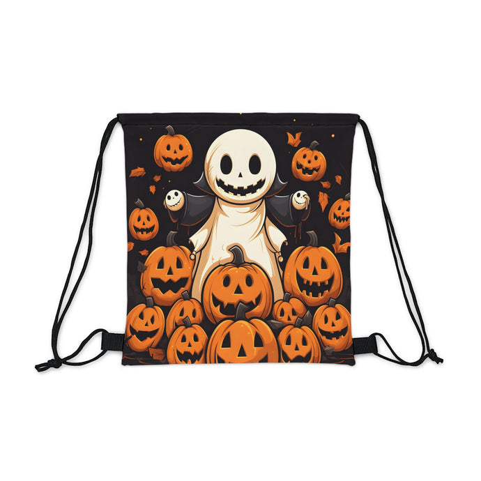 DistinctInk Drawstring Bag / Backpack with Spooky Skeleton Pumpkin Patch Design for Halloween