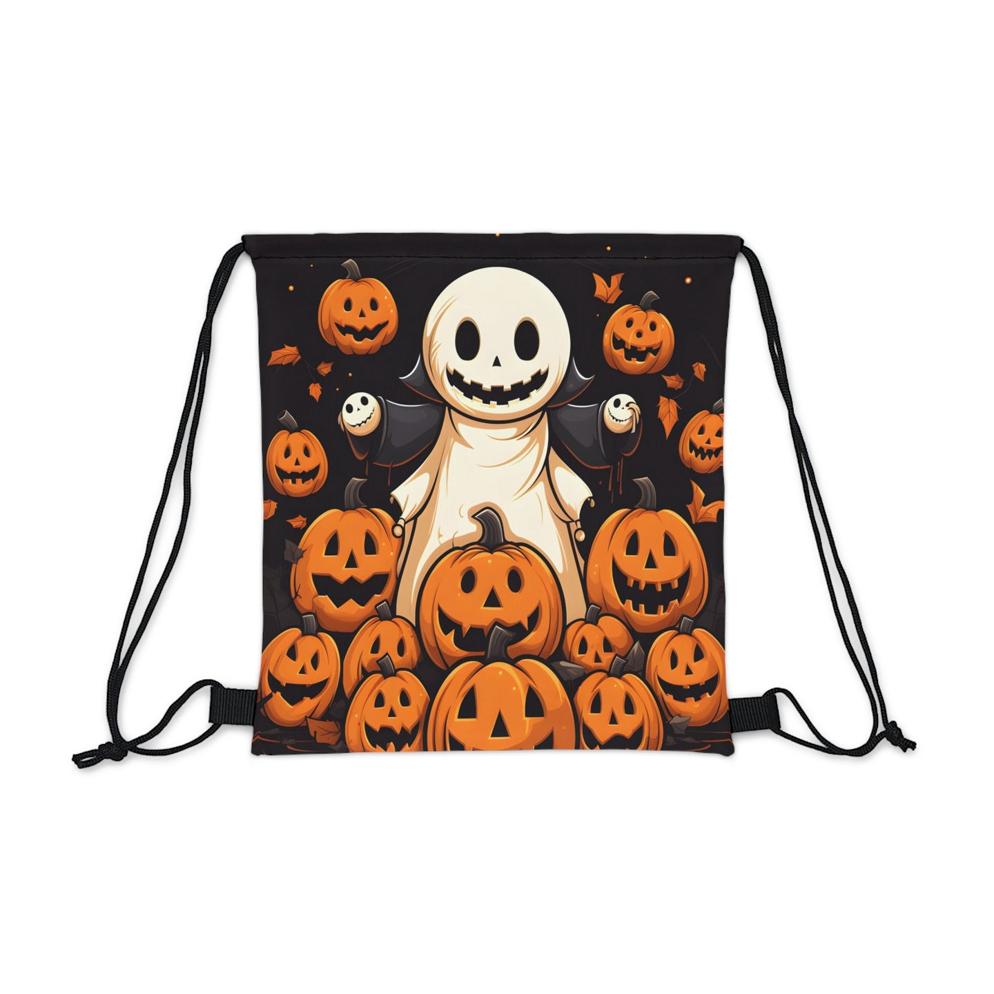 DistinctInk Drawstring Bag / Backpack with Spooky Skeleton Pumpkin Patch Design for Halloween