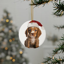 DistinctInk Hanging Ceramic Christmas Tree Ornament with Gold String - Great Gift/Present - 2 3/4 inch Diameter - Harrier Puppy Design