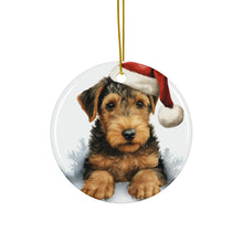 DistinctInk Hanging Ceramic Christmas Tree Ornament with Gold String - Great Gift/Present - 2 3/4 inch Diameter - Welsh Terrier Puppy Drawing Design