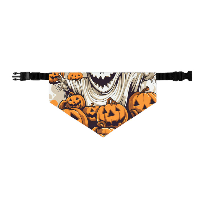DistinctInk Adjustable Pet Banana Collar with Ghostly Skeleton and Pumpkins Design for Halloween