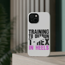 DistinctInk ToughCase for Apple iPhone, Compatible with MagSafe Charging - Training to Outrun T-Rex in Heels