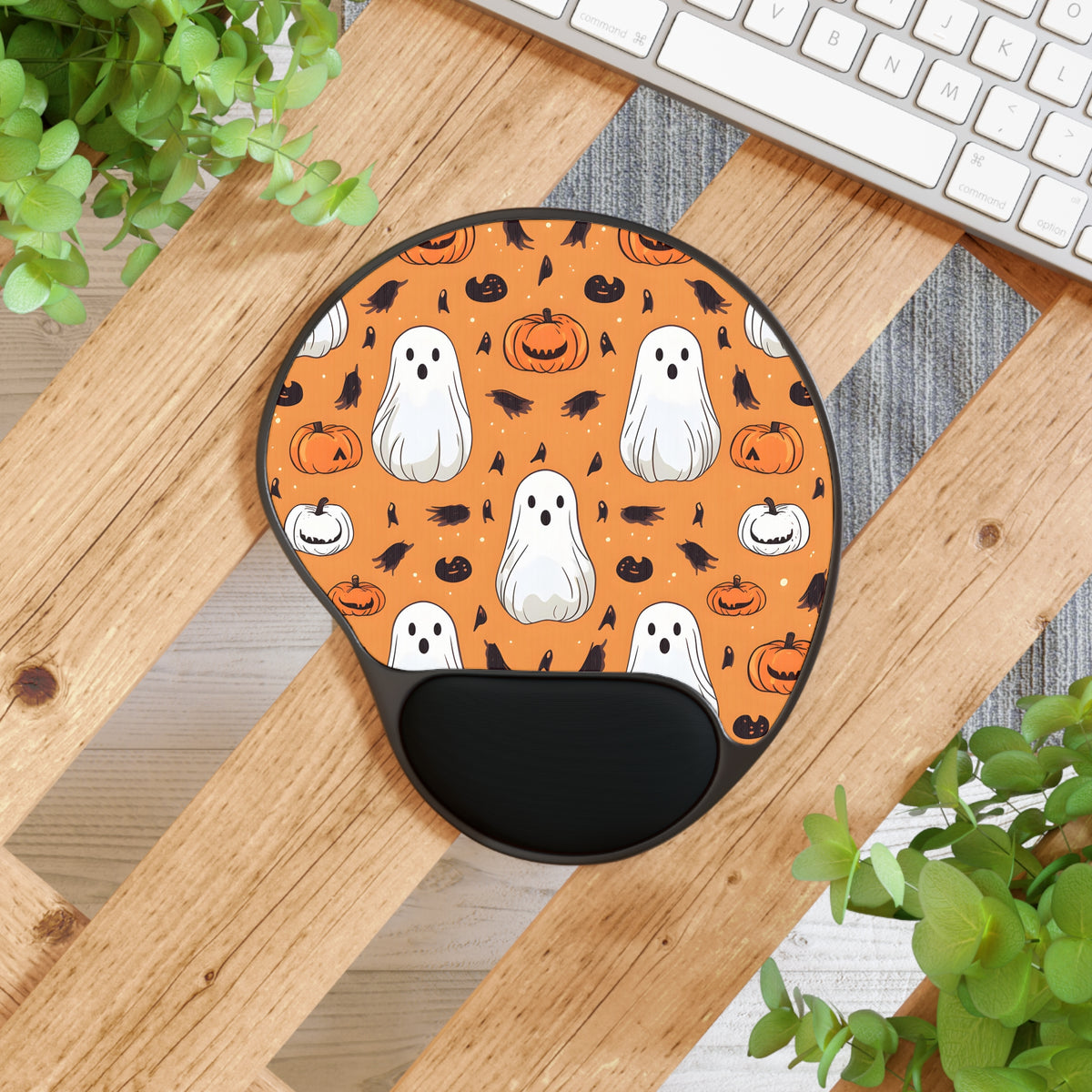 Mouse Pad with Wrist Rest with Ghost Skeleton Cartoon Pumpkin Design for Halloween, view 4