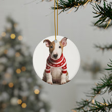 DistinctInk Hanging Ceramic Christmas Tree Ornament with Gold String - Great Gift/Present - 2 3/4 inch Diameter - Bull Terrier Puppy Design
