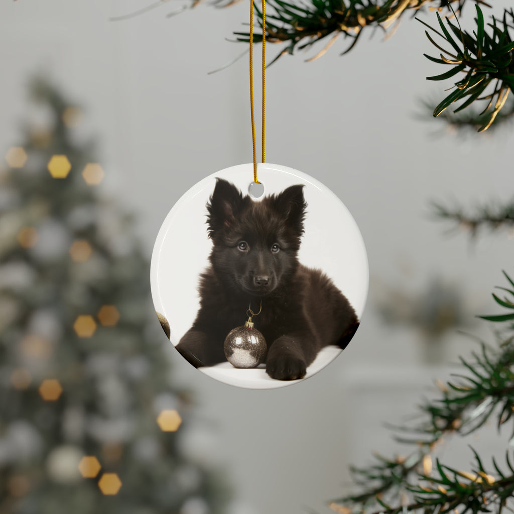 Hanging Ceramic Christmas Tree Ornament with Gold String - Belgian Sheepdog Puppy Design, view 3