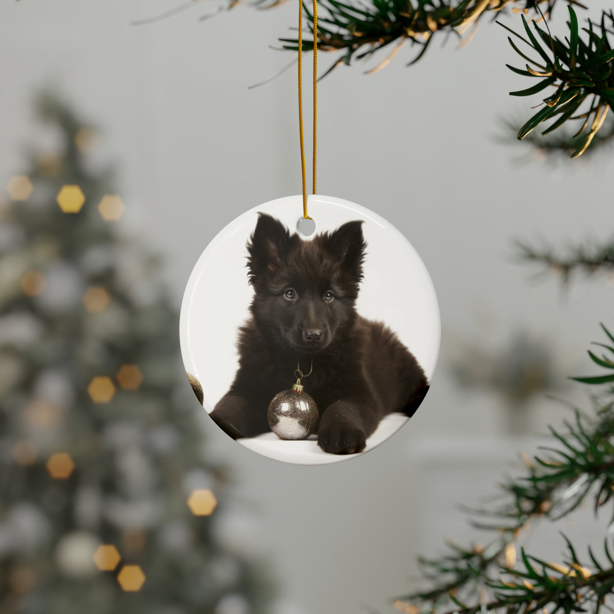 Hanging Ceramic Christmas Tree Ornament with Gold String - Belgian Sheepdog Puppy Design, view 3