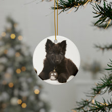 DistinctInk Hanging Ceramic Christmas Tree Ornament with Gold String - Great Gift/Present - 2 3/4 inch Diameter - Belgian Sheepdog Puppy Design