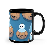 DistinctInk Black Coffee Mug - Ghost Skeleton Pumpkin Pattern for Halloween