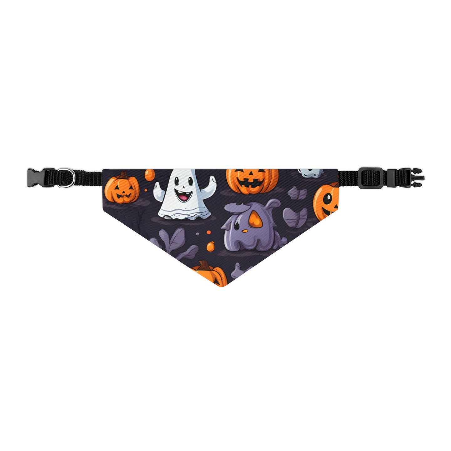DistinctInk Adjustable Pet Banana Collar with Spooky Bat-o-lanterns Design for Halloween
