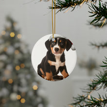DistinctInk Hanging Ceramic Christmas Tree Ornament with Gold String - Great Gift/Present - 2 3/4 inch Diameter - Entlebucher Mountain Dog Puppy Design