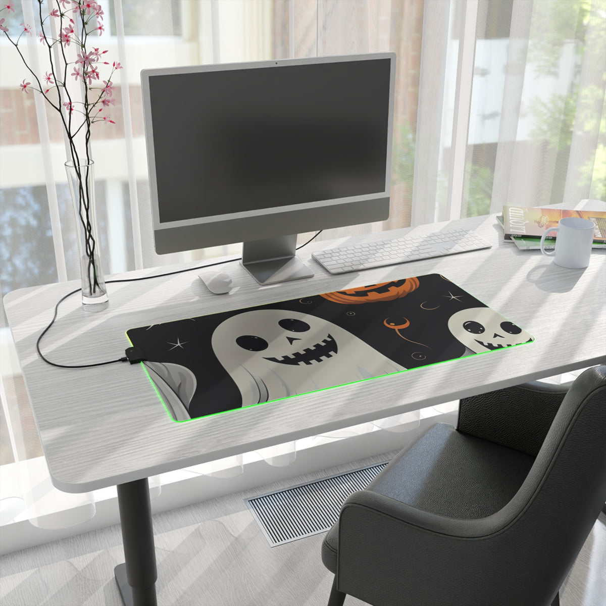 LED Gaming Mouse Pad with Spooky Skeleton Pumpkin Patch Design for Halloween, view 16