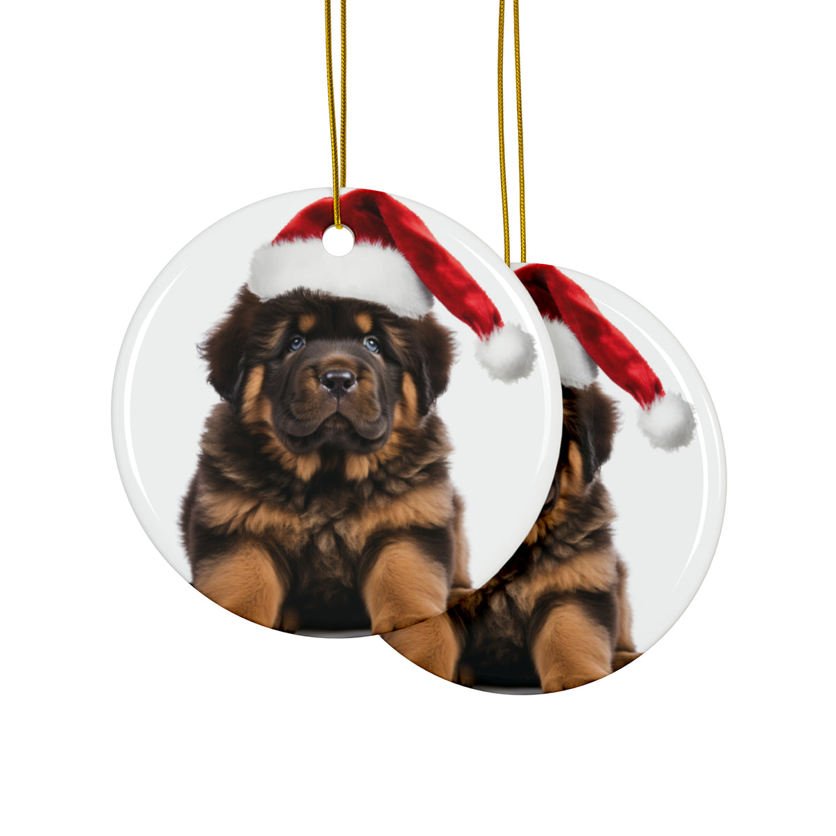Hanging Ceramic Christmas Tree Ornament with Gold String - Tibetan Mastiff Puppy Design, view 2