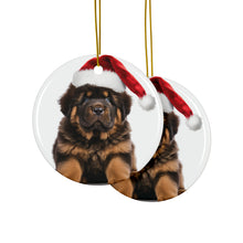 DistinctInk Hanging Ceramic Christmas Tree Ornament with Gold String - Great Gift/Present - 2 3/4 inch Diameter - Tibetan Mastiff Puppy Design