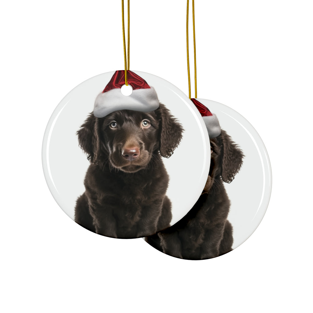 Hanging Ceramic Christmas Tree Ornament with Gold String - Curly-Coated Retriever Puppy Design, view 2