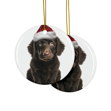 DistinctInk Hanging Ceramic Christmas Tree Ornament with Gold String - Great Gift/Present - 2 3/4 inch Diameter - Curly-Coated Retriever Puppy Design
