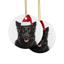 DistinctInk Hanging Ceramic Christmas Tree Ornament with Gold String - Great Gift/Present - 2 3/4 inch Diameter - Belgian Sheepdog Design