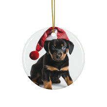 DistinctInk Hanging Ceramic Christmas Tree Ornament with Gold String - Great Gift/Present - 2 3/4 inch Diameter - Beauceron Puppy Design