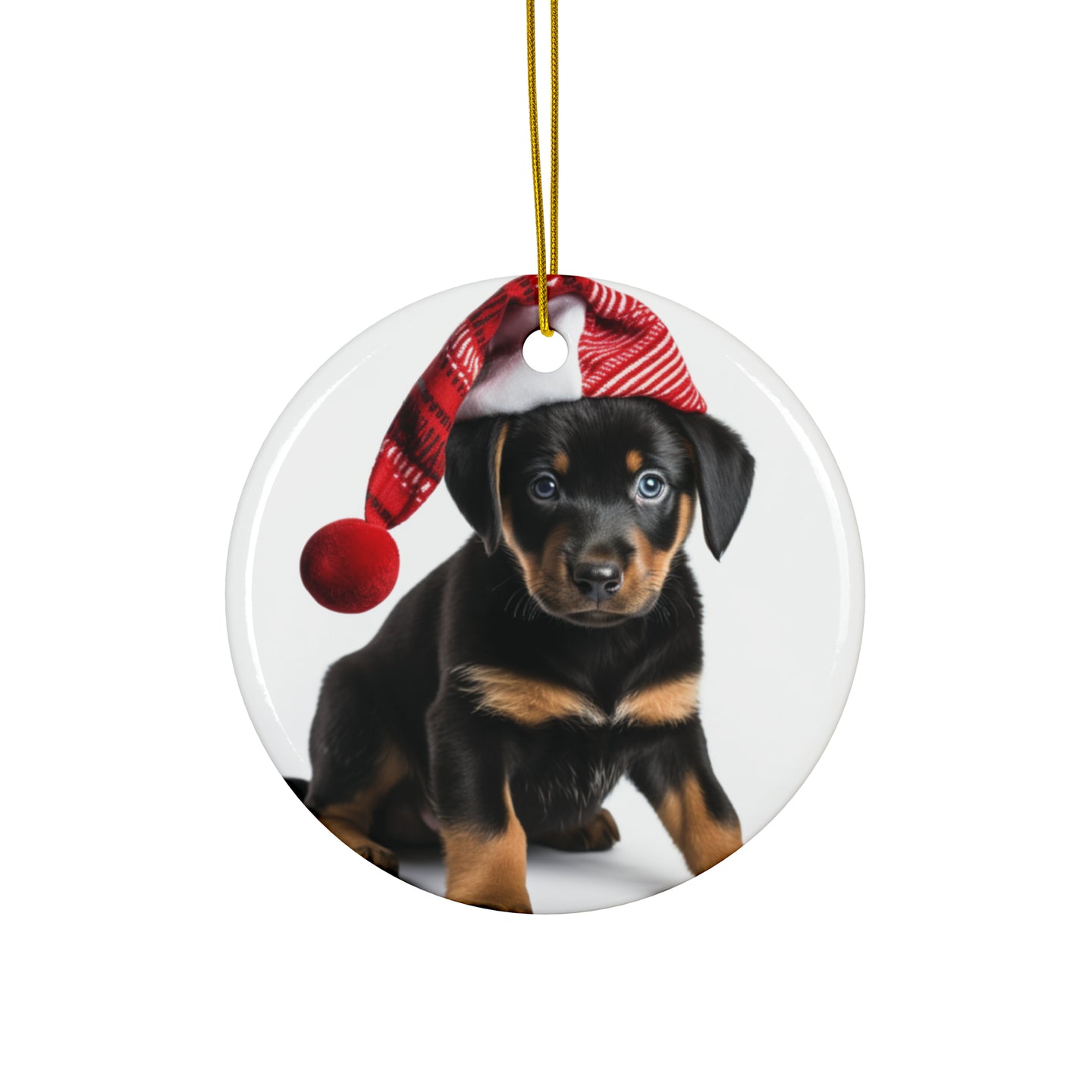 DistinctInk Hanging Ceramic Christmas Tree Ornament with Gold String - Great Gift/Present - 2 3/4 inch Diameter - Beauceron Puppy Design