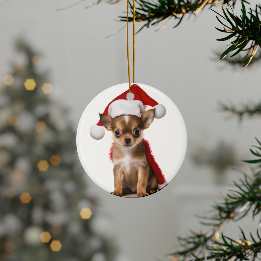 Hanging Ceramic Christmas Tree Ornament with Gold String - Chihuahua Puppy Design, view 3