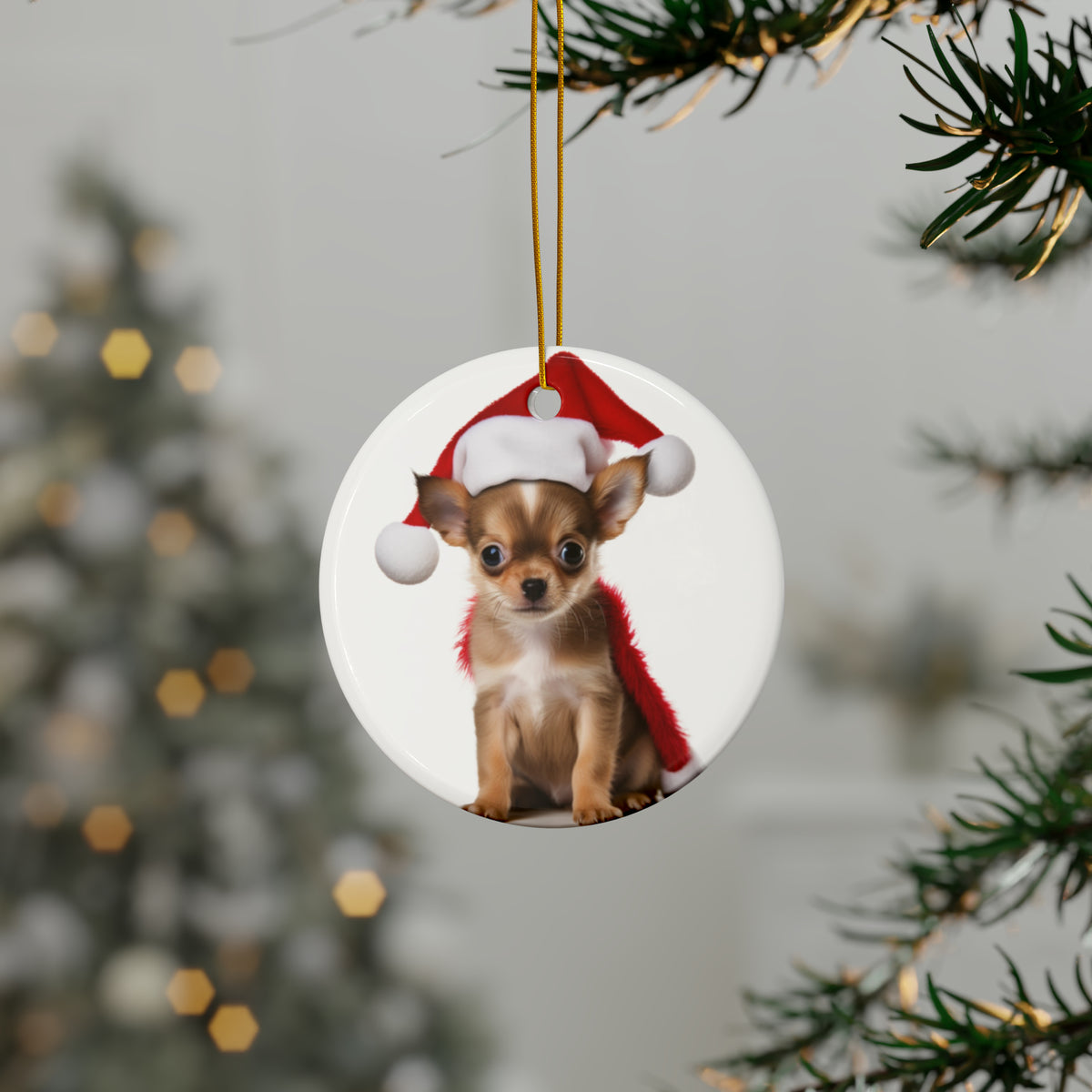 Hanging Ceramic Christmas Tree Ornament with Gold String - Chihuahua Puppy Design, view 3