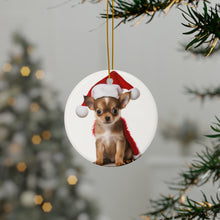 DistinctInk Hanging Ceramic Christmas Tree Ornament with Gold String - Great Gift/Present - 2 3/4 inch Diameter - Chihuahua Puppy Design