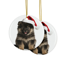 DistinctInk Hanging Ceramic Christmas Tree Ornament with Gold String - Great Gift/Present - 2 3/4 inch Diameter - Finnish Lapphund Puppy Design
