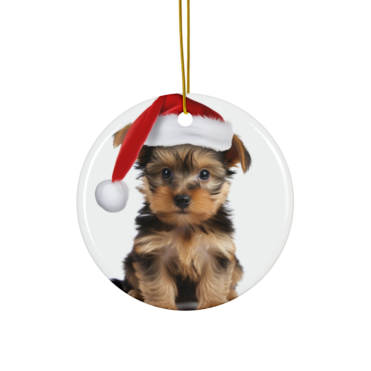 DistinctInk Hanging Ceramic Christmas Tree Ornament with Gold String - Great Gift/Present - 2 3/4 inch Diameter - Silky Terrier Puppy Design