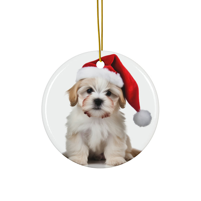 DistinctInk Hanging Ceramic Christmas Tree Ornament with Gold String - Great Gift/Present - 2 3/4 inch Diameter - Pumik Puppy Design